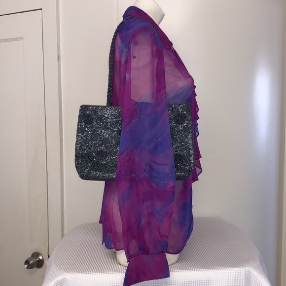 Silver Beaded Bag Braided Double Handle 3-D Floral Pattern Satin Lined 12”x8”x3” - Picture 9 of 17